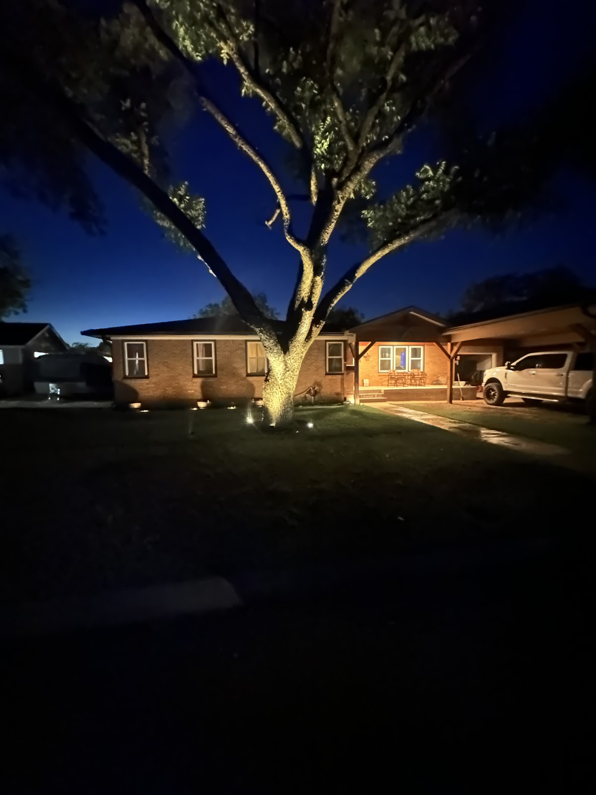 A Sweetwater home lit at night by landscape lighting installed by Coy Electric