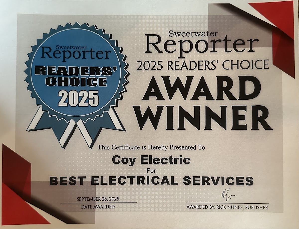 Sweetwater Reporter 2025 Readers' Choice Award certificate presented to Coy Electric for Best Electrical Services